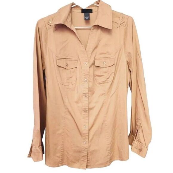 Lane Bryant Women Button Up Shirt Brown Long Sleeve Cargo Pocket Stretch 14 - Picture 1 of 5